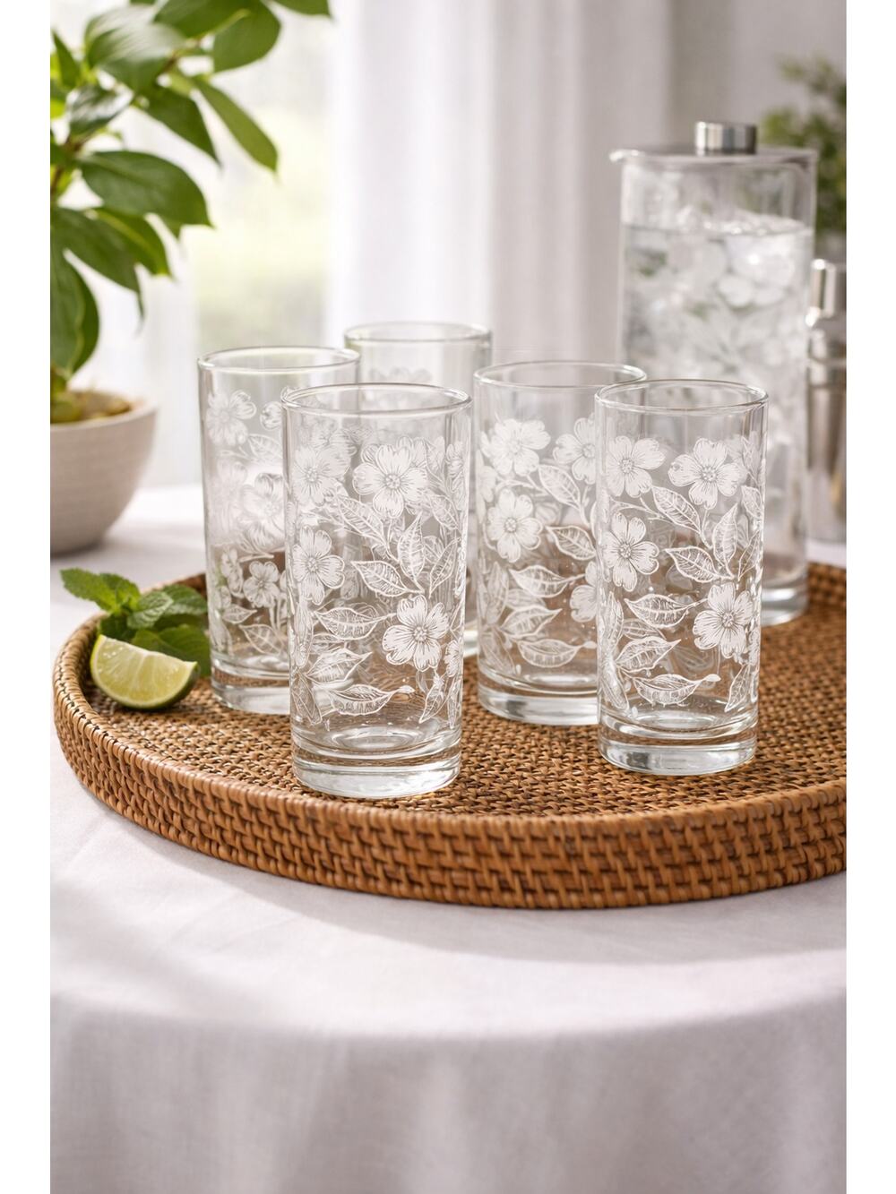 Vintage Tumbler Drinking Glasses Glassware Libby White Floral Print Set of 6